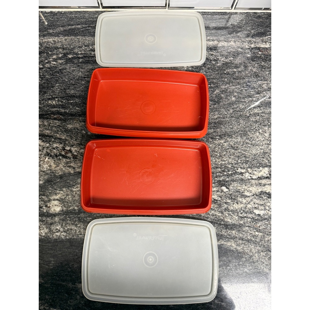 Vintage Tupperware Servalier Rectangular Storage Containers Orange Set of 2 816